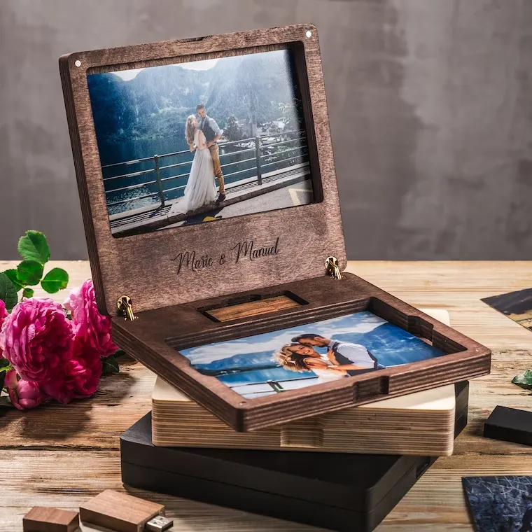 Presente De Casamento Caixa De Foto De Madeira E USB Caixa De Lembrança De Madeira Personalizada Para Álbum De Fotos Gravado Caixa De Memória USB