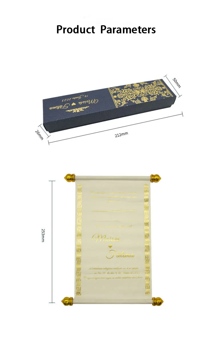 Nicro Creative Design Royal Style Gold Foil Stamping Unique Box Tassel Packing Paper Scroll Rolling Wedding Invitation Cards