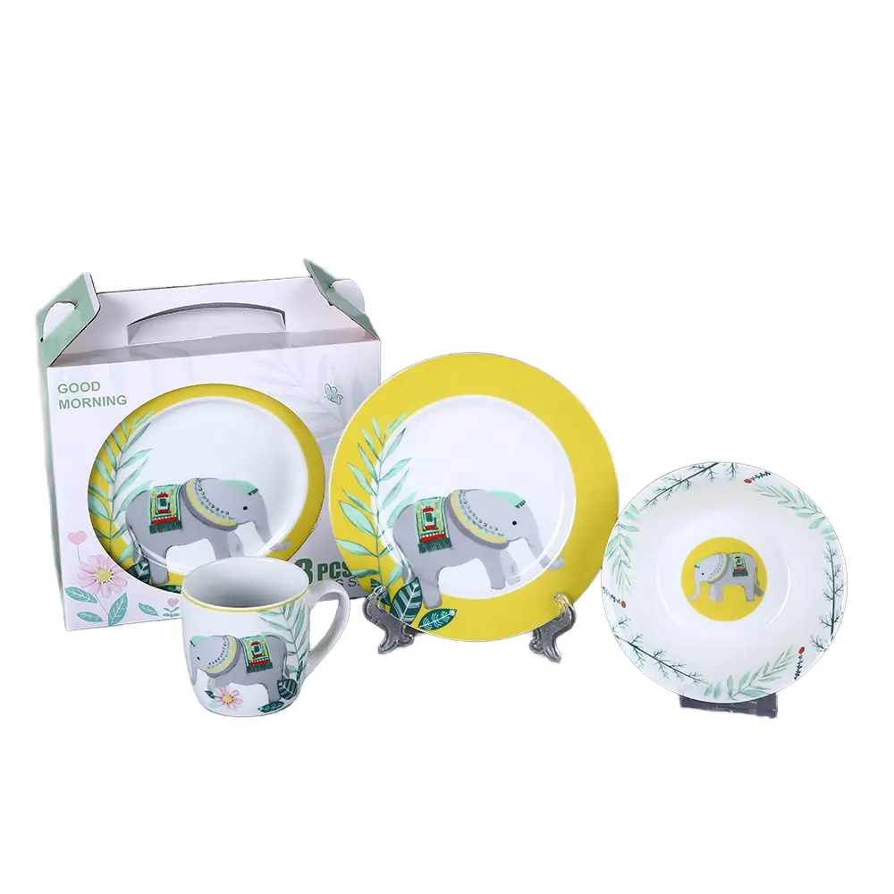 Cute elephant printing 3pcs porcelain dinnerware set for children new bone china tableware