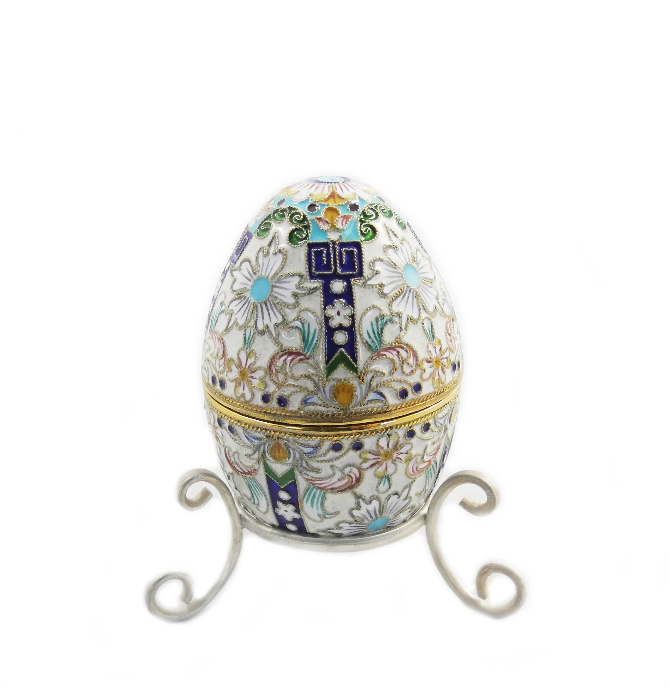 Huevo de Pascua de esmalte Cloisonne y plata dorada rusa