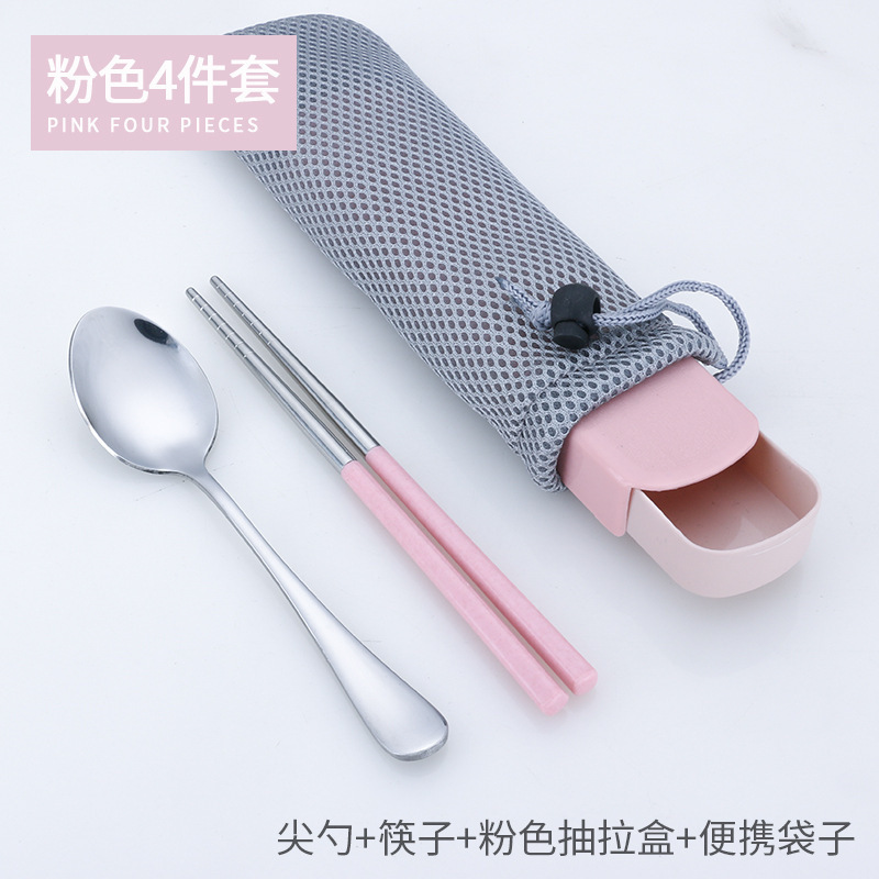 Ensemble deux pièces cuillère et baguettes + boîte à tirer rose + sac