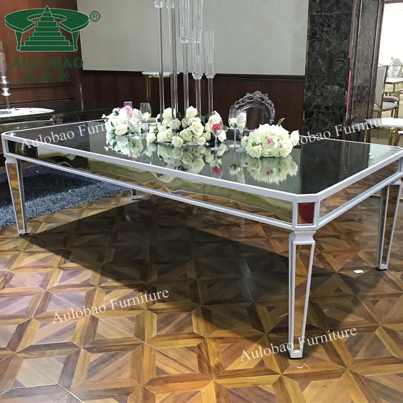 Dikdörtgen ayna cam üst paslanmaz çelik çerçeve düğün dekorasyon yemek masası seti