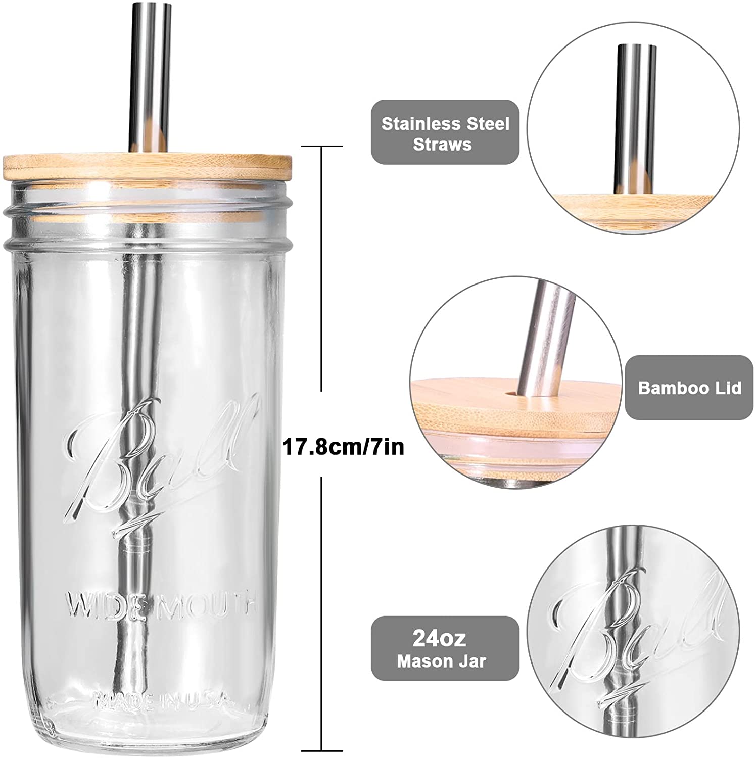 Reusable Wide  Mouth Smoothie Water Glass Set With Jug Iced Coffee Cups Glass Water Bottle With Straw  and Bamboo Lids