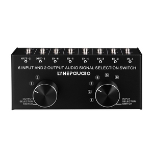 LYNEPAUAIO 6-In-<strong>2</strong>-Out Audio <strong>Switcher</strong> Two-Way Audio Signal Selector Box <strong>Splitter</strong> Distributor with 3.5mm Audio <strong>Input</strong> &amp; <strong>Output</strong>