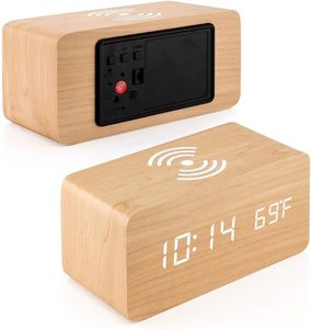 Reloj despertador digital de madera con carga inalámbrica Reloj digital LED con visualización de temperatura y fecha Reloj despertador - Product Image 6