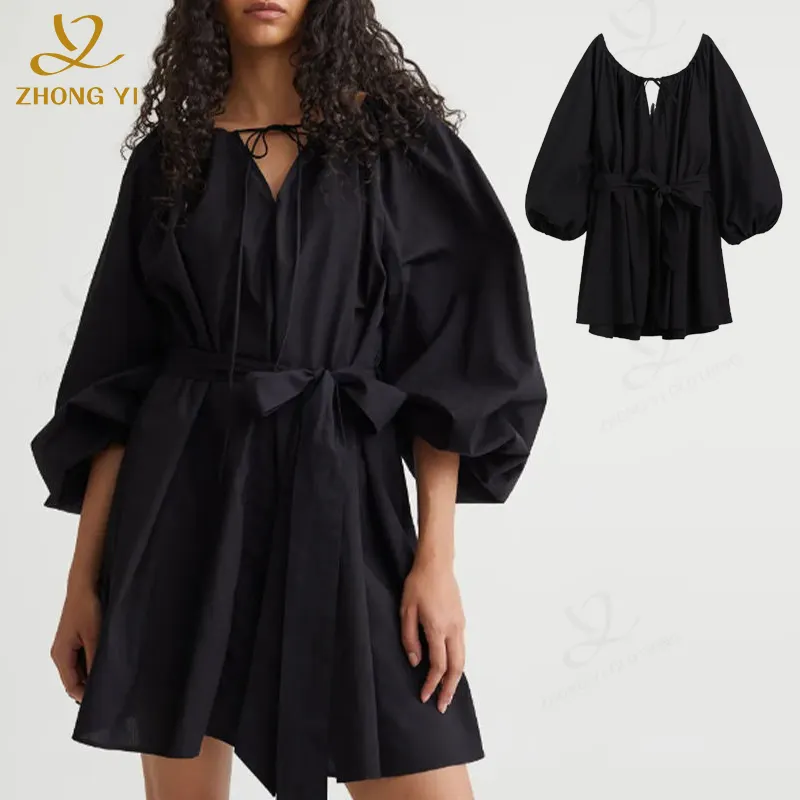 Vestido casual de fábrica para fabricantes de roupas, vestido feminino de manga larga, feminino, ideal para o outono 2024, com gravata e gola, saia curta