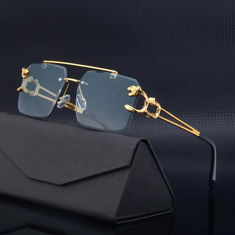 Großhandel trendige Vintage Leopardenkopf doppelbrücke stilvolle randlose Sonnenbrille UV400 individuelles Logo Schutz Damen-Sonnenbrille