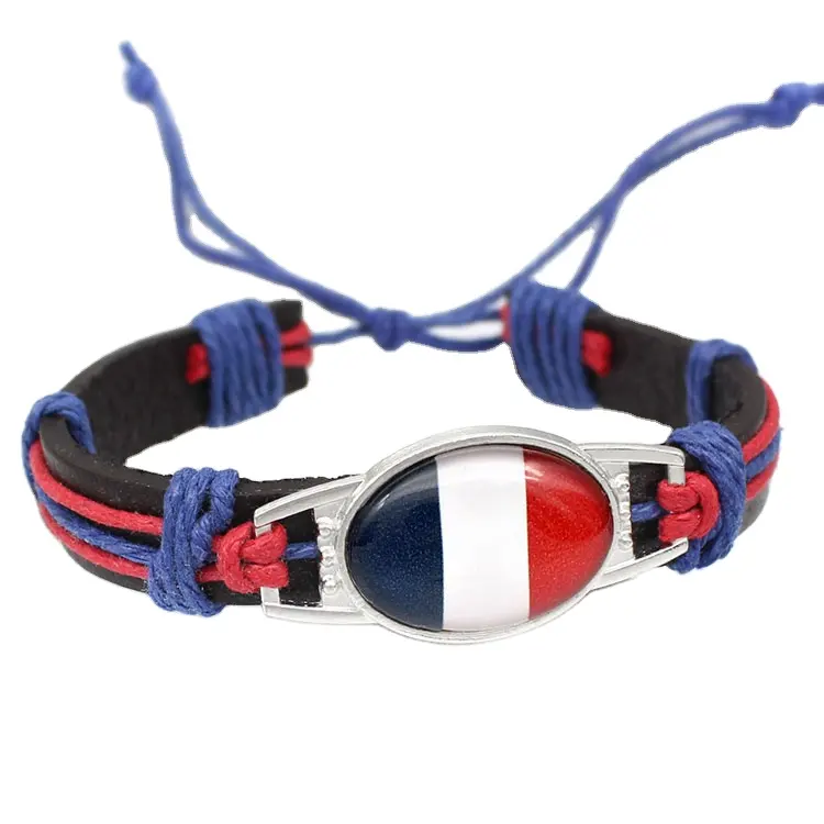 Hot Selling National Flag Leather Country Bracelet Braided Wholesale Bracelet World Soccer Cup Fans Souvenir