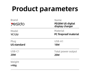 Yesido USB-A & USB-CデュアルポートPD 20W急速充電米国デジタルディスプレイ充電器YC12U - Product Image 5
