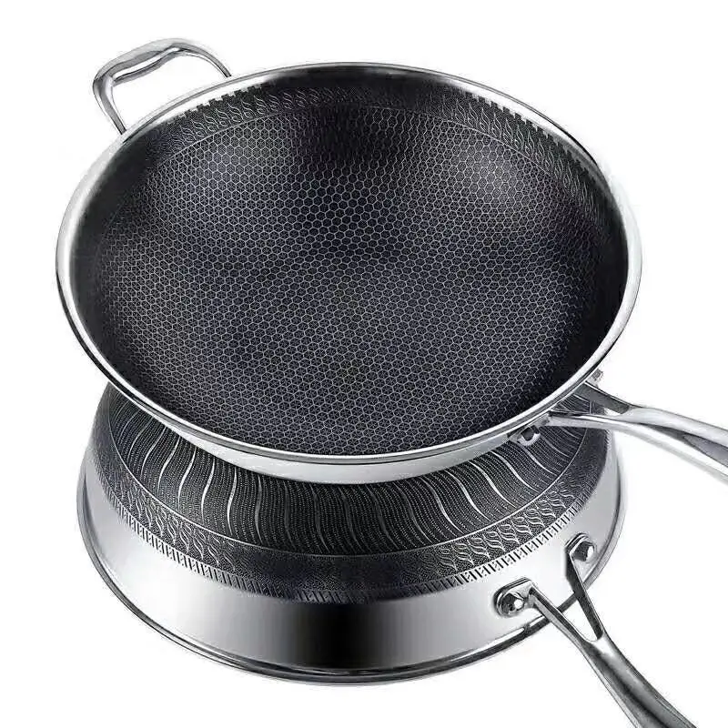ハニカムフライパン中華鍋ノンスティックステンレス鋼調理鍋蓋付き