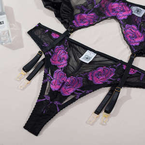 Women's Sexy <strong>Transparent</strong> Floral Set with Rose Embroidery Mature Fashionable <strong>G</strong>-<strong>String</strong> Lingerie in Size L