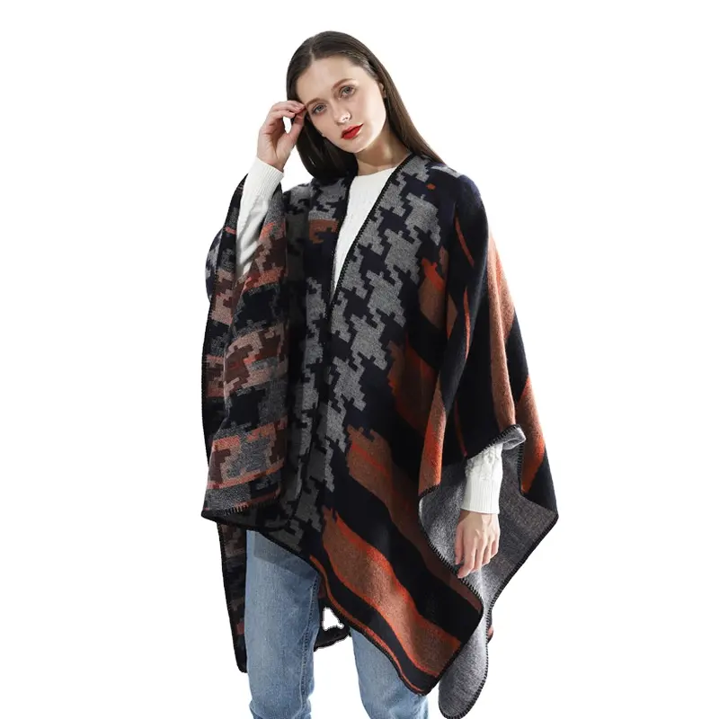 Oversized moda inverno clássico ponchos malha xale com cinto para as mulheres senhora tecido mulheres capa