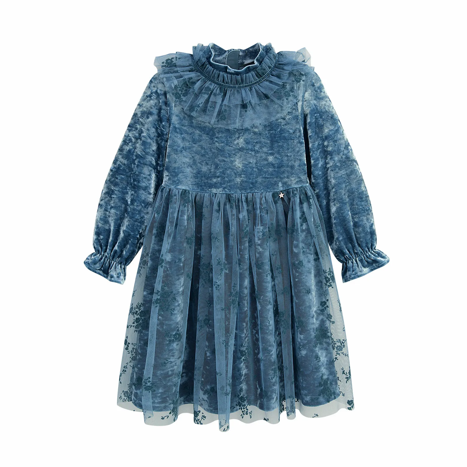 Vestido de veludo infantil, vestido de veludo azul para meninas