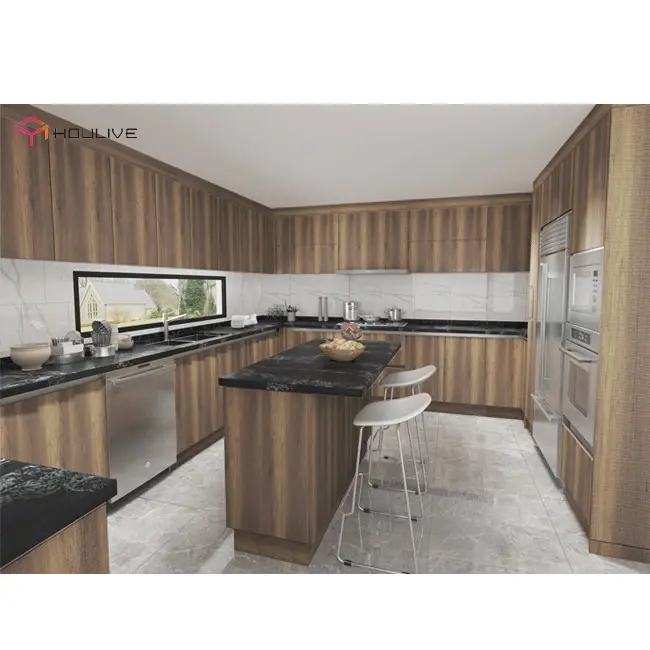 Usine d'armoires de cuisine en mélamine couleur bois personnalisée et design pour maison ou projets haute qualité standard