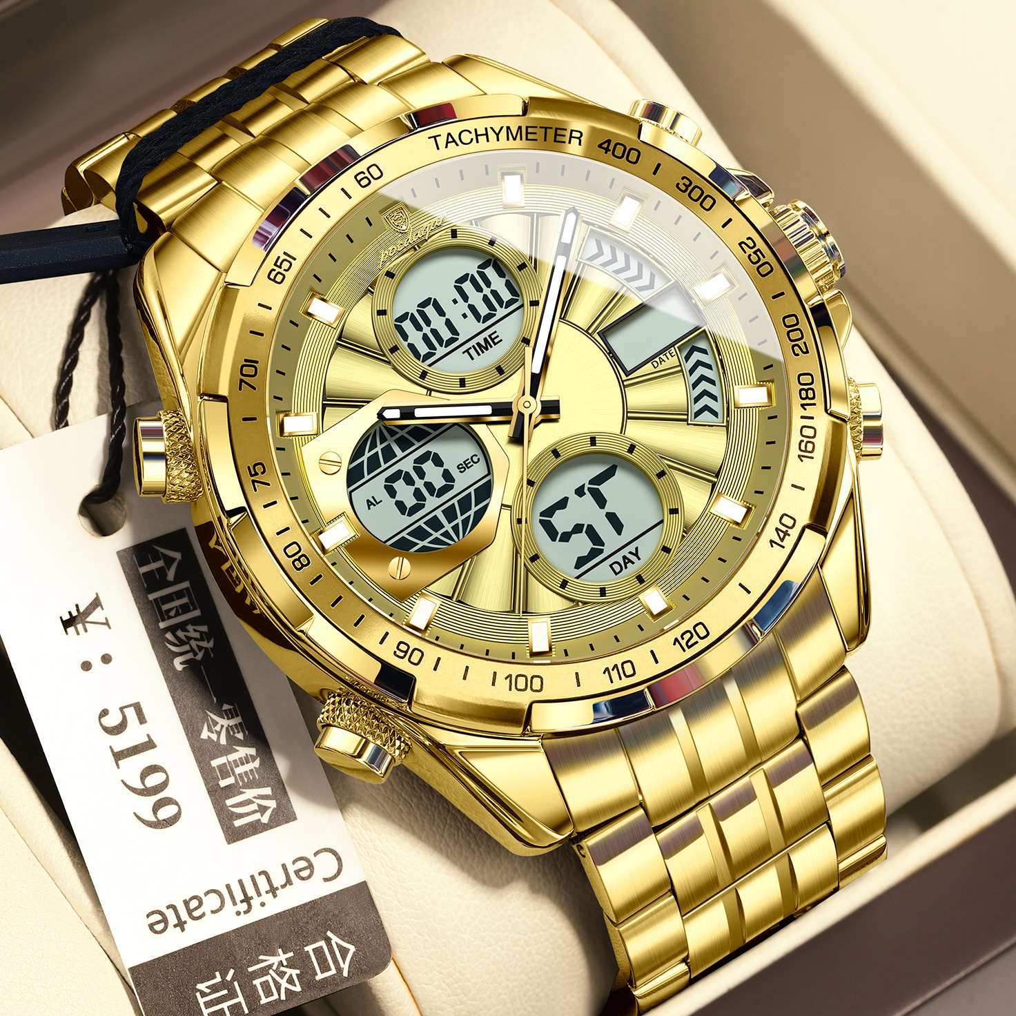 E108 gold case-gold dial-steel strap model
