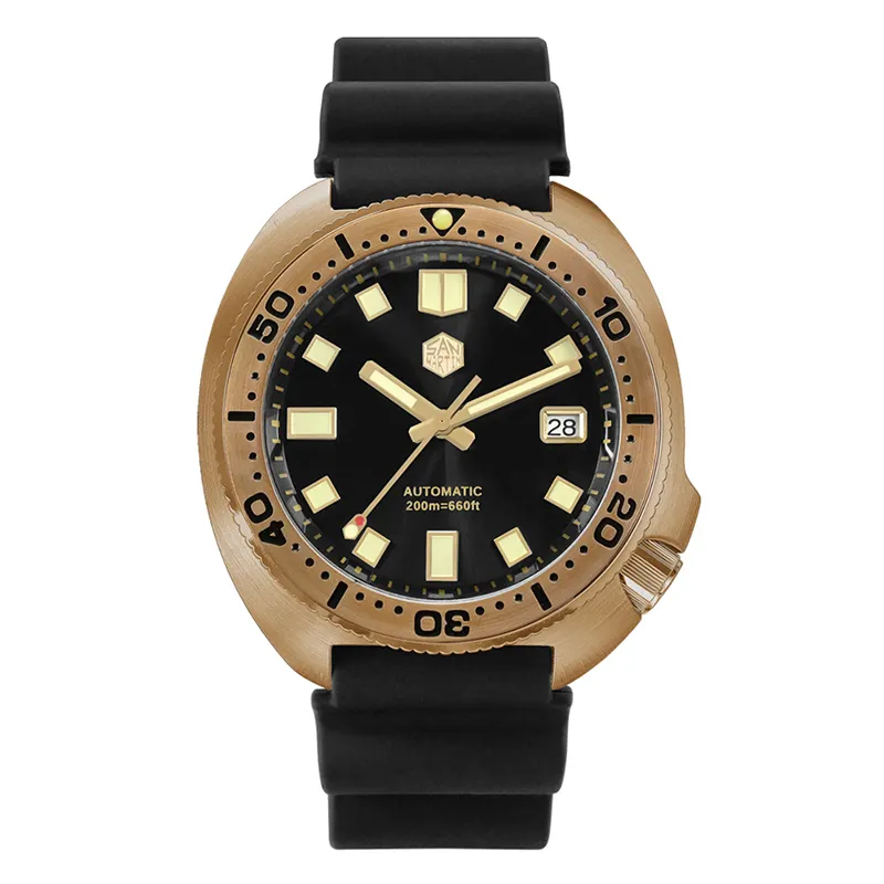 Relógio mecânico masculino Abalone V4 Turtle de bronze maciço vintage para mergulhador, pulseira de couro luminosa com 20 barras, 44 mm