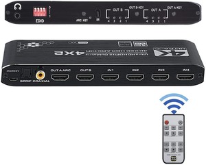 <strong>HDMI</strong> <strong>2</strong>.0b <strong>Matrix</strong> Switch <strong>4</strong> in <strong>2</strong> Out 4K <strong>HDMI</strong> Switcher Splitter+Optical +L/R Audio <strong>Output</strong> Scaler EDID with Remote HDCP2.<strong>2</strong> HDR 10 - Product Image 1