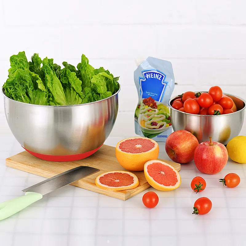 Harga pabrik food grade silikon anti-selip bawah penyimpanan makanan baja tahan karat pencampur salad buah mangkuk dengan tutup bening