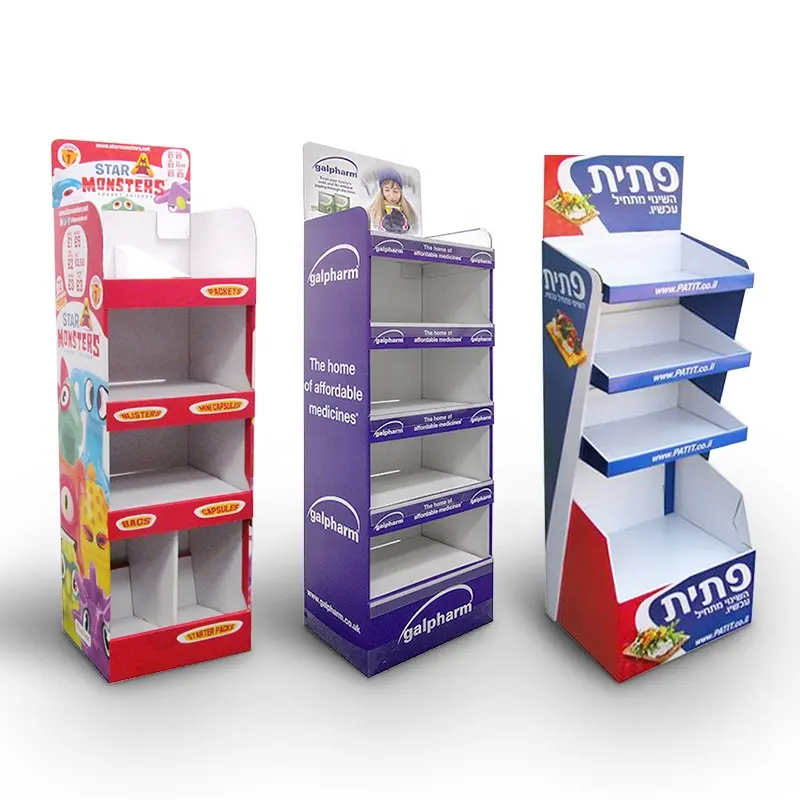 Soporte de tienda de productos POP con impresión personalizada, estantes de reciclaje de exhibición de cartón, venta al por menor de dulces, estante de suelo de cartón POS portátil