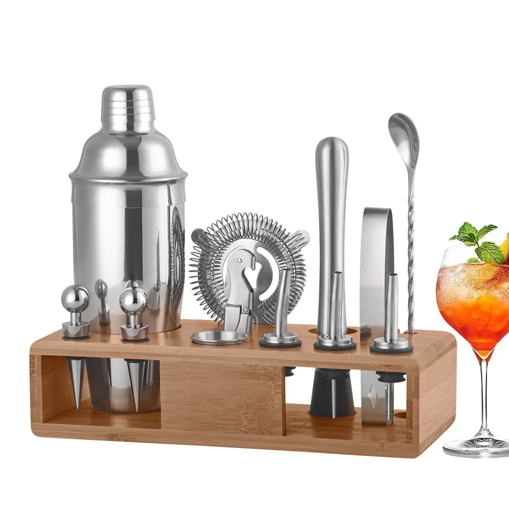 Nhà Máy Trực Tiếp Tre Gỗ Chủ Khung Cocktail Maker Thanh Công Cụ Thiết Lập 700Ml Barware Cocktail Shaker Bartender Kit Với Đứng