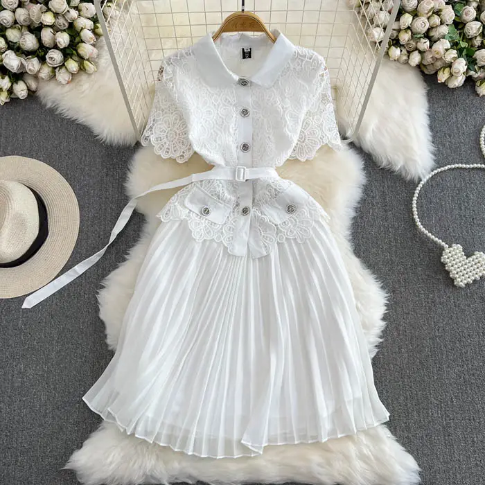 LY0172 nuevo 2023 verano Color blanco encaje Patchwork plisado manga corta vestido mujeres vestidos elegantes 10