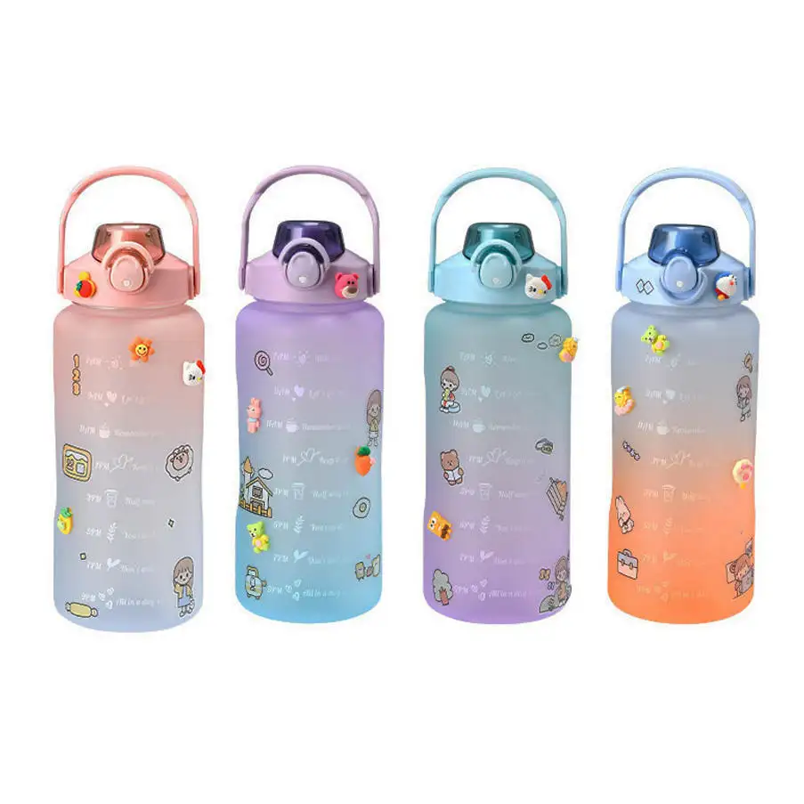 Botol air minum olahraga, botol air anti bocor 2000ML olahraga luar ruangan perjalanan portabel gradien kapasitas besar dengan sedotan