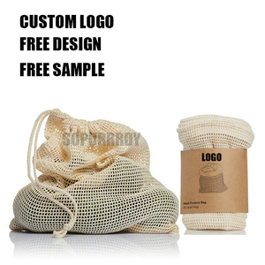 Sacos de malla de cebolla de algodón orgánico reutilizables personalizados para la compra de frutas, bolsas de red para verduras - Product Image 1