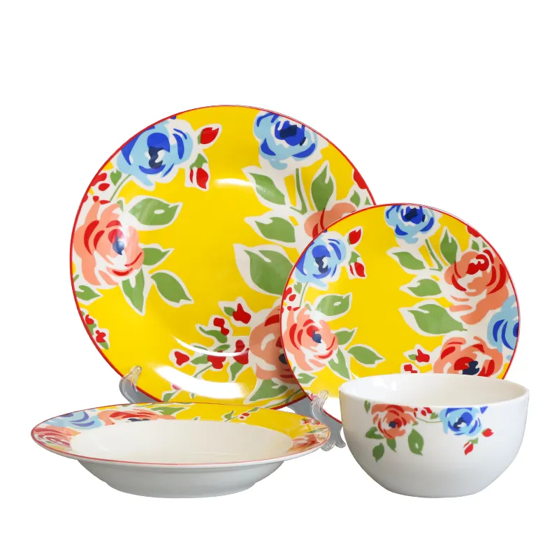 Peralatan makan keramik Decal indah kustom desain kustom 16 buah Set piring makan dan mangkuk keramik alat makan porselen