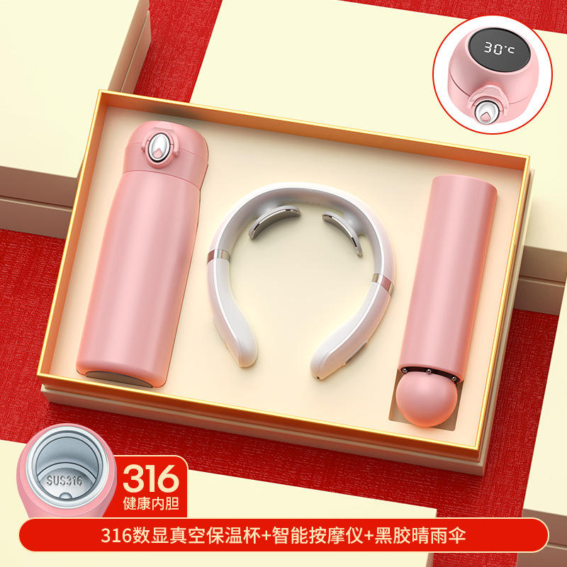 Tasse isotherme rose fleur de cerisier 316, Parapluie 5 plis en vinyle noir, Coffret cadeau masseur, Sac cadeau