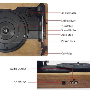 33/45/78 RPMビニールレコード用ヴィンテージスタイルレコードプレーヤー3スピード、木製ベースポータブルLPビニールプレーヤーRCAヘッドフォンジャック