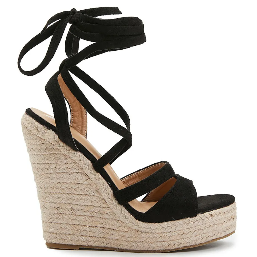 Schwarze Micro Suede Schnür Espa drille Wedge Sandalen für Damenschuhe