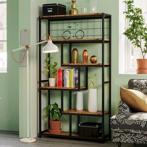 Modern stil Metal ahşap uzun boylu kitap 6-raf ekran banyo kabini kitap rafı kitaplık kitaplık - Product Image 4