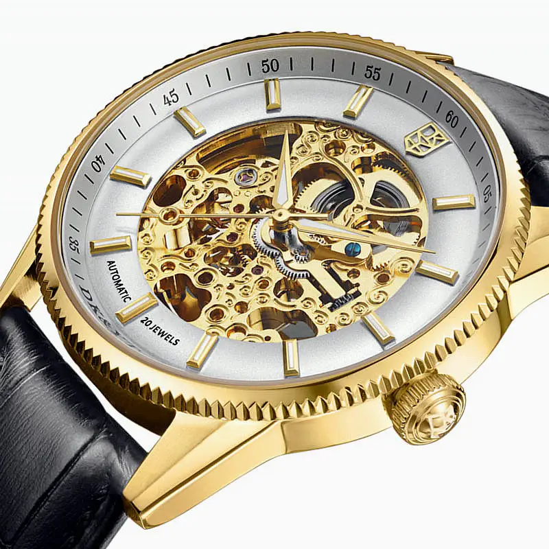 Relojes Hombre — montre-bracelet squelette en cuir noir or, mécanique, automatique, de haute qualité, marque de luxe pour hommes