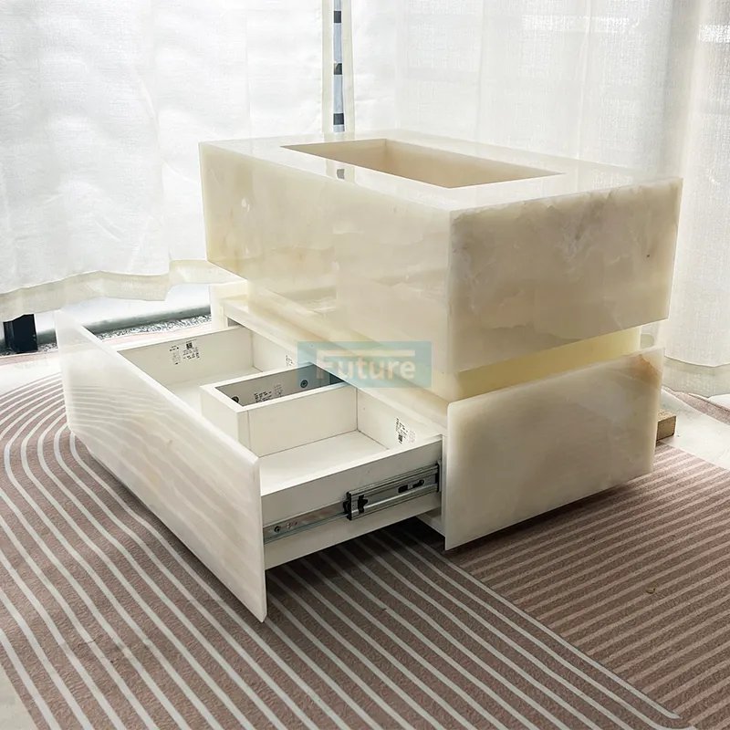 Meubles de salle de bain brillants de luxe légers et durables en pierre naturelle lavabo en marbre blanc avec tiroirs