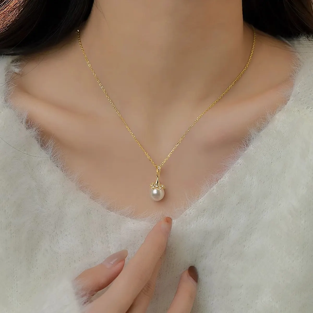 Alta joyería fábrica de oro linda chica estilo 5D oro duro 18K oro natural agua dulce perla colgante collar