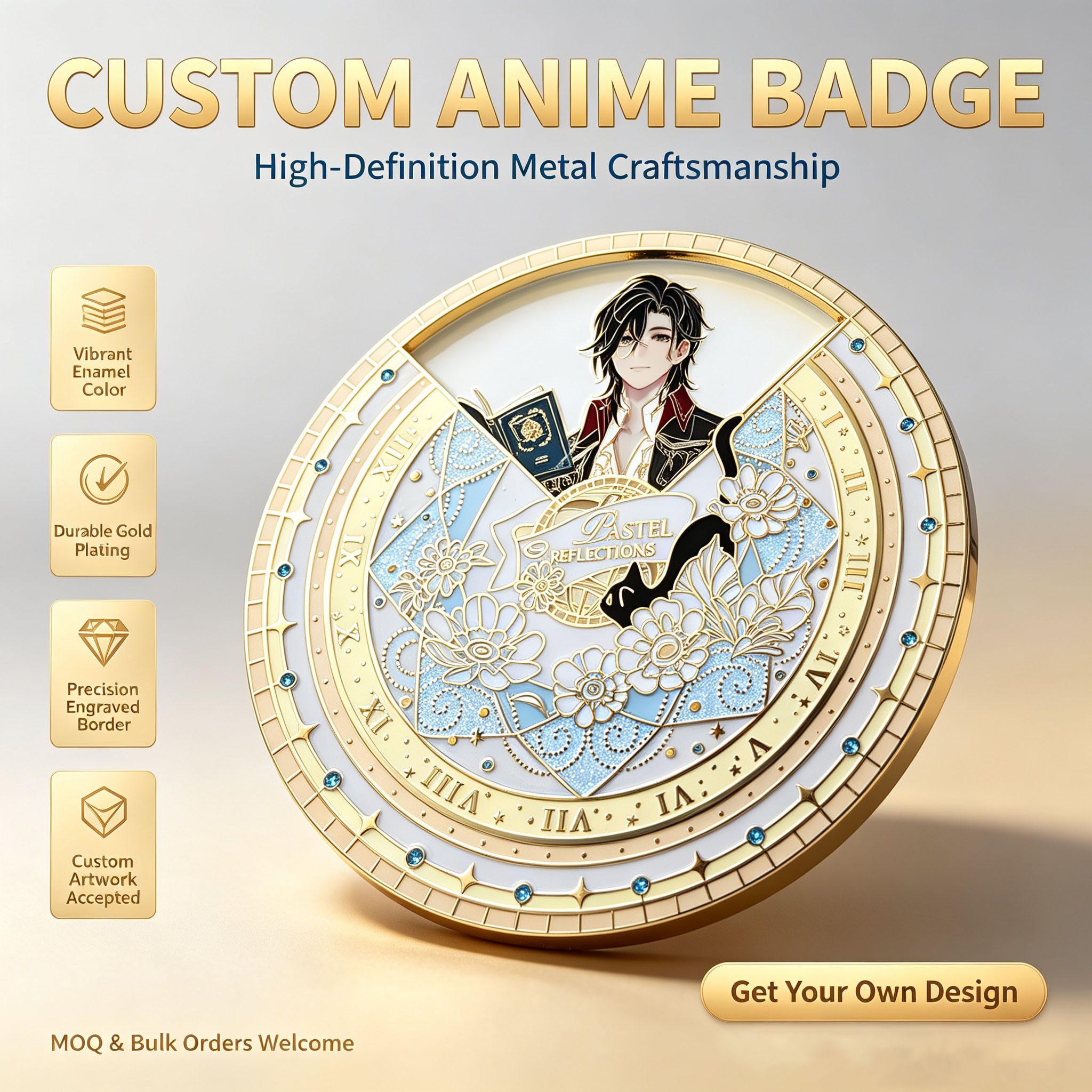 Badge personnalisé en métal émaillé sur le thème d'anime, plaqué or, bordure gravée