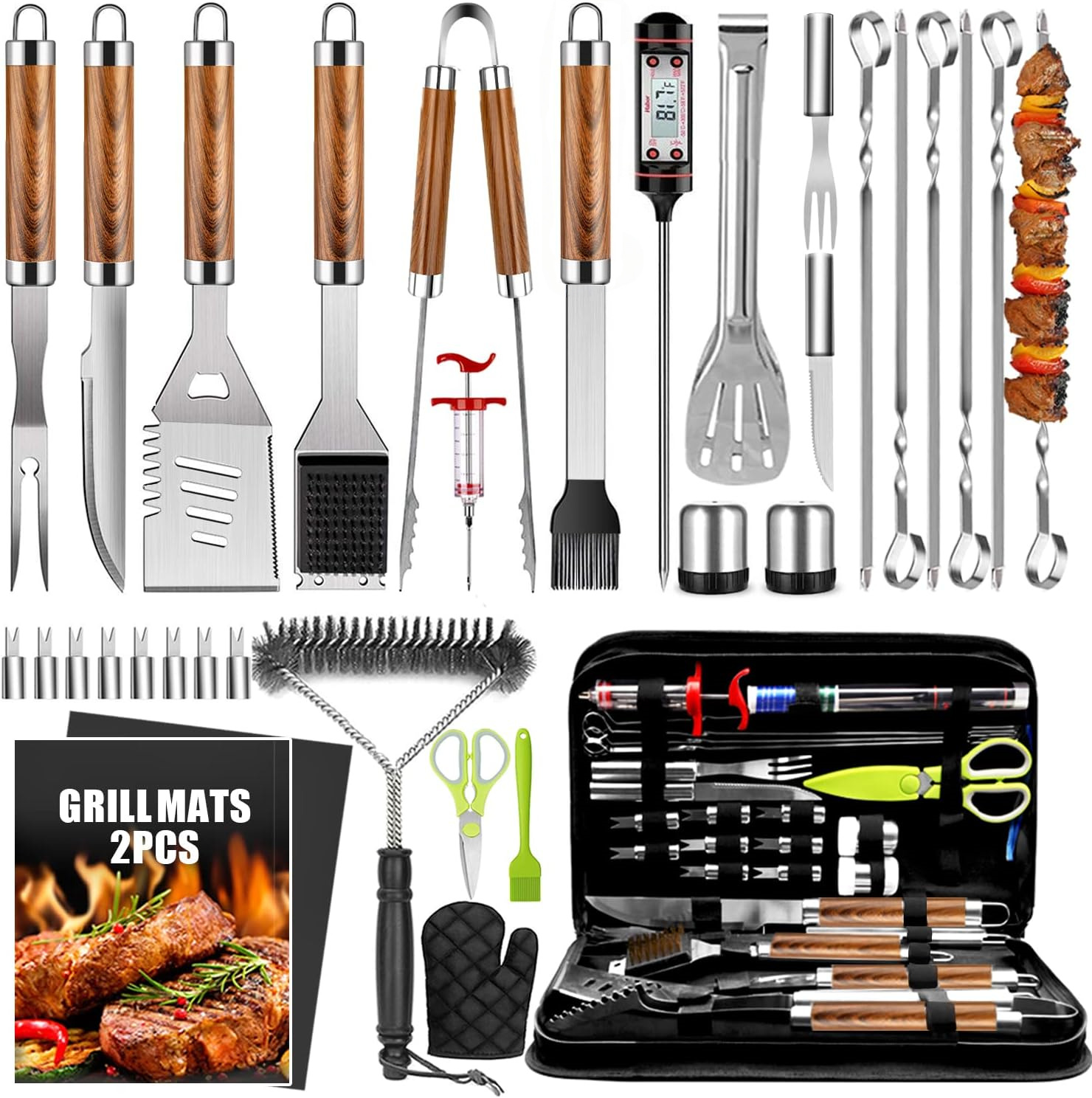 Ensemble d'ustensiles de barbecue avec manches en bois brun veiné