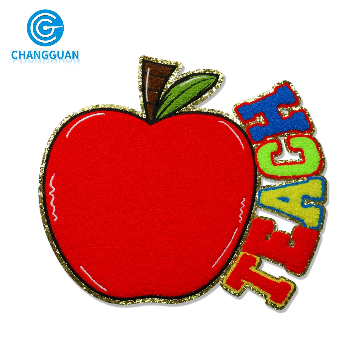 شعار Apple المطرز بسعر الجملة لعيد المعلم، رقعة حديد على قماش الشنيل، رقعات عطلة للملابس