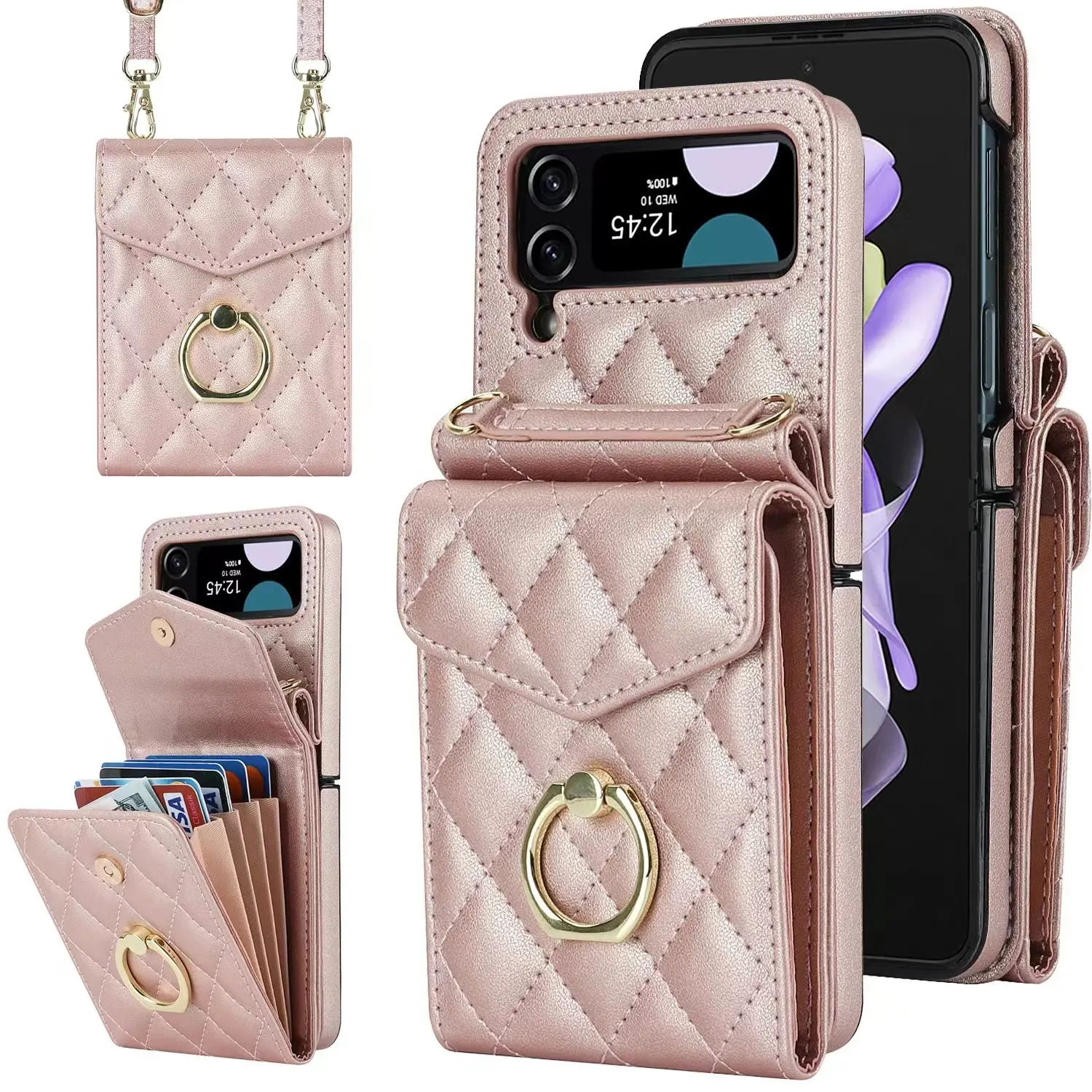 leather wallet phone case for Samsung Flip 3 crossbody folding screen phone case fragrant organ card protection case