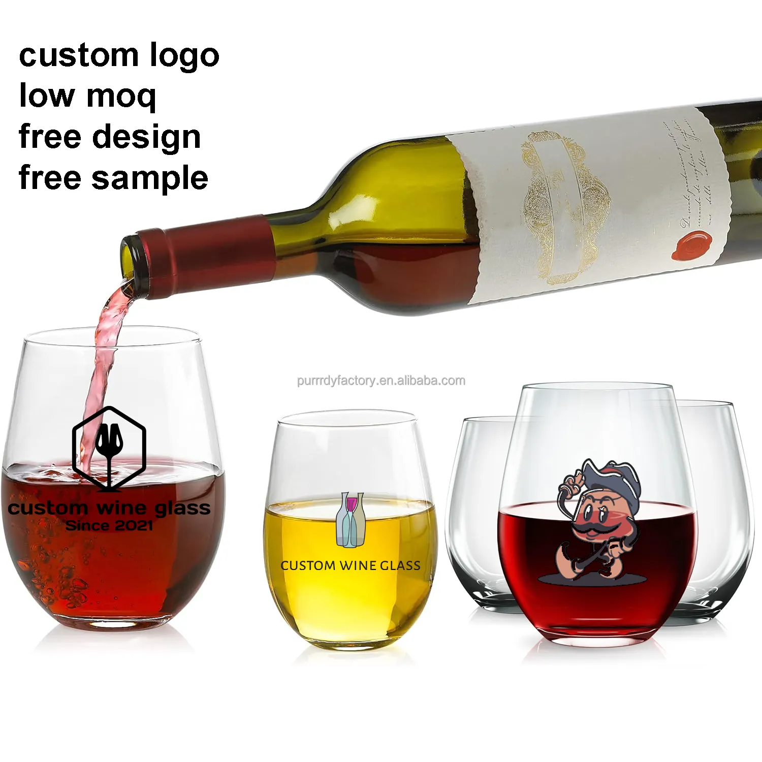 Logo kustom dicetak botol kaca anggur tanpa batang kristal merah pelek Halus standar Tumbler kaca anggur untuk anggur putih merah