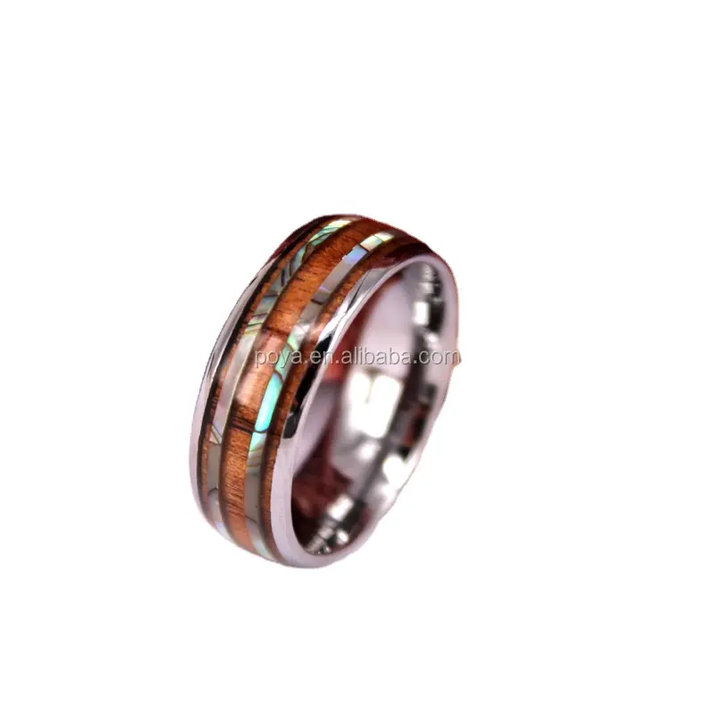 POYA Jewelry 8mm Tungsten Carbide Ring Two Strips Abalone Overlay Wood Wedding Engagement Band for Men