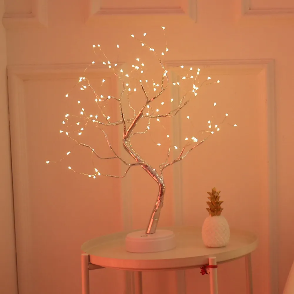 Luz de led para árvore de bonsai, luz de led em forma de árvore de fadas 108 branco e prateada
