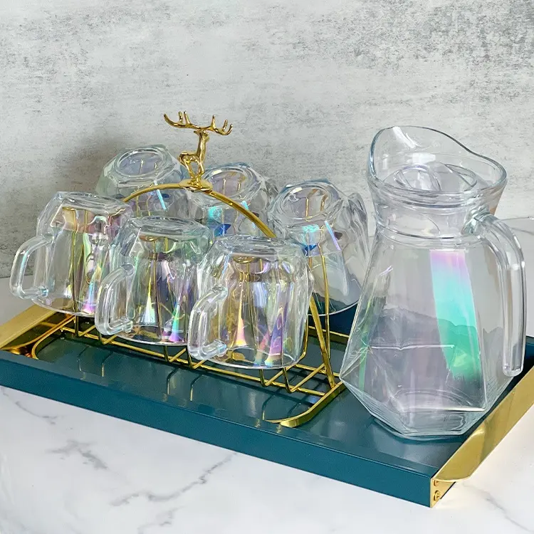 Jarra de agua personalizada, juego de tazas de vidrio para beber, jarra de té con borde dorado de zumo, jarra de té de color ámbar, diamante, jarra con filtro de agua de cristal