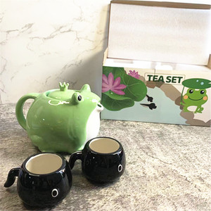 水滴送货可爱绿色陶瓷野餐中国茶壶套装漂亮青蛙茶壶套装茶杯和儿童朋友礼物 - Product Image 4