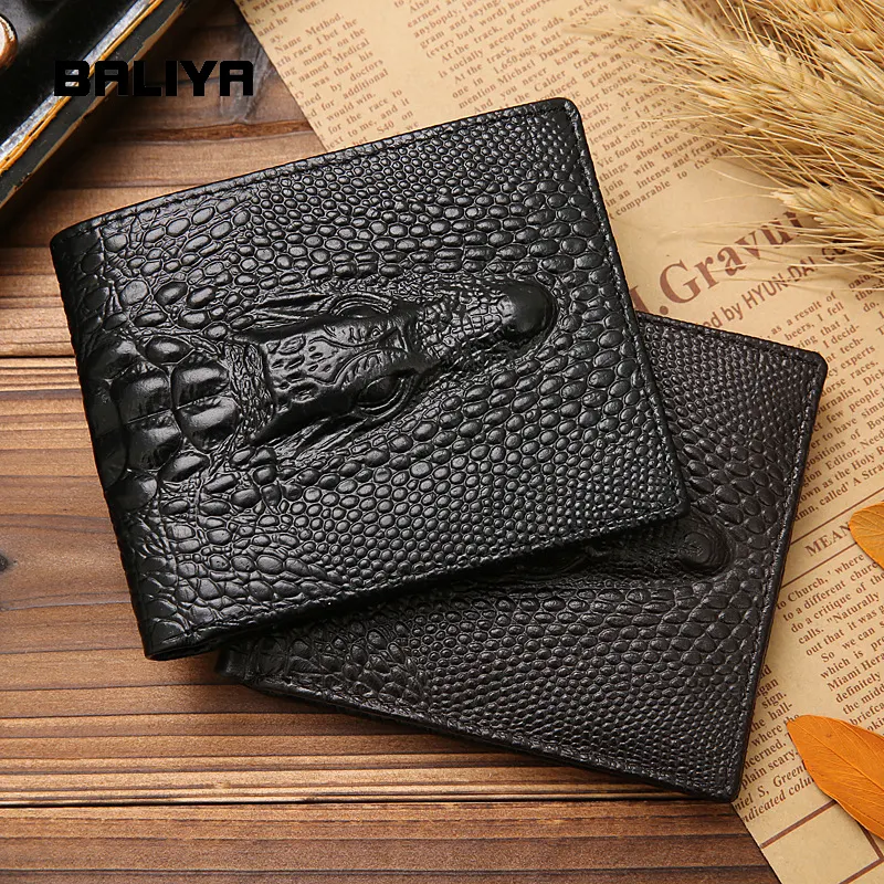 BALIYA Fashion Crocodile Head Grain Men Wallets Genuine Leather Quality Cross Vertical Hidden Pocket Card Holder Wallet