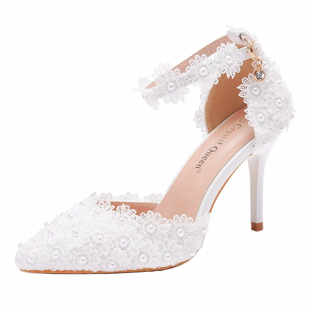 נשים 9 ס""מ עקב גבוה ורוד לבן מסיבה נעלי קריסטל כלה ליידי תחרה פנינה נעלי נסיכה לחתונה
