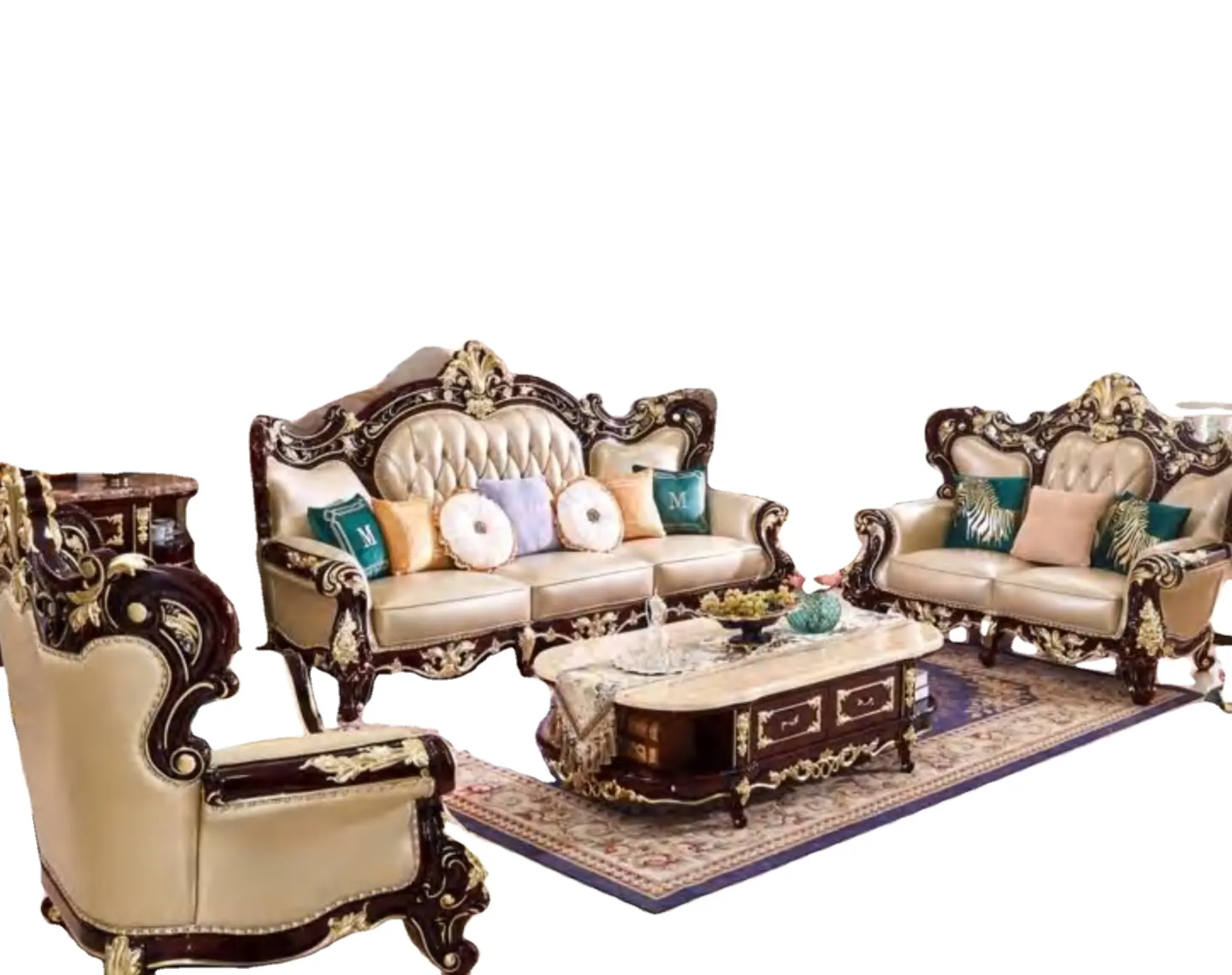 Sofa kulit gaya Eropa mewah Sofa antik desain klasik Turki untuk furnitur ruang keluarga Hotel
