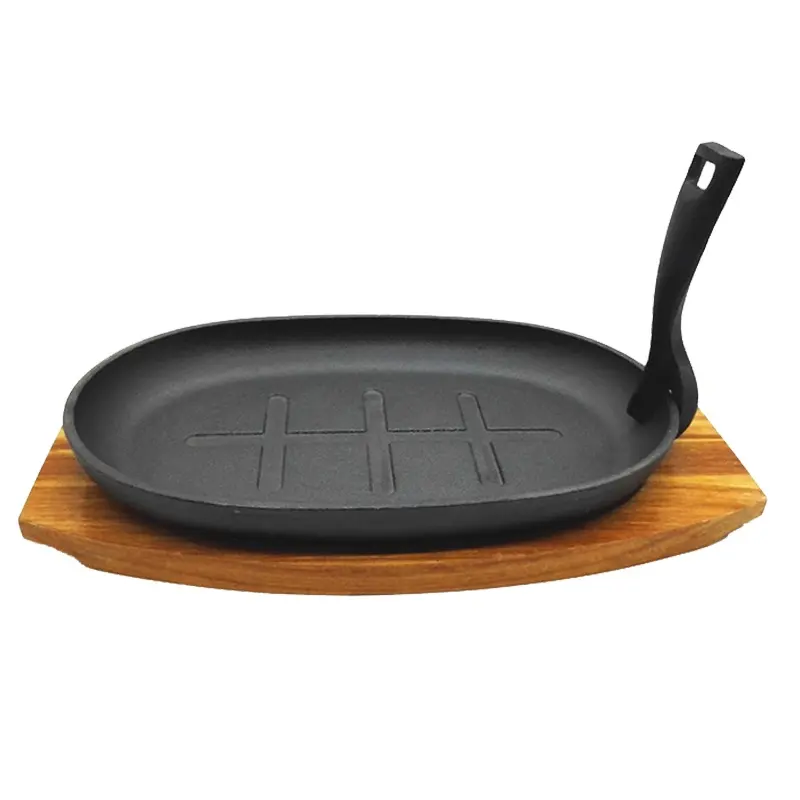 Bandeja de madeira para churrasco, placa de metal fundido para cozinhar em ferro fundido