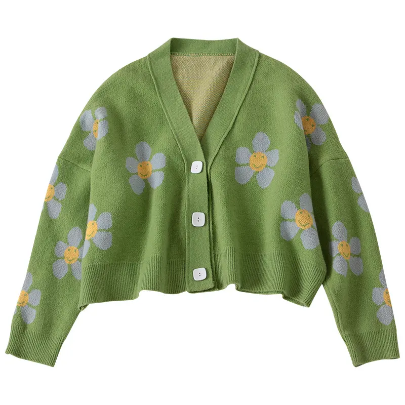 Elegante estilo académico Flor de punto abrigo suelto con cuello en V primavera y otoño suéter cárdigan Blusa con cierre de un solo pecho