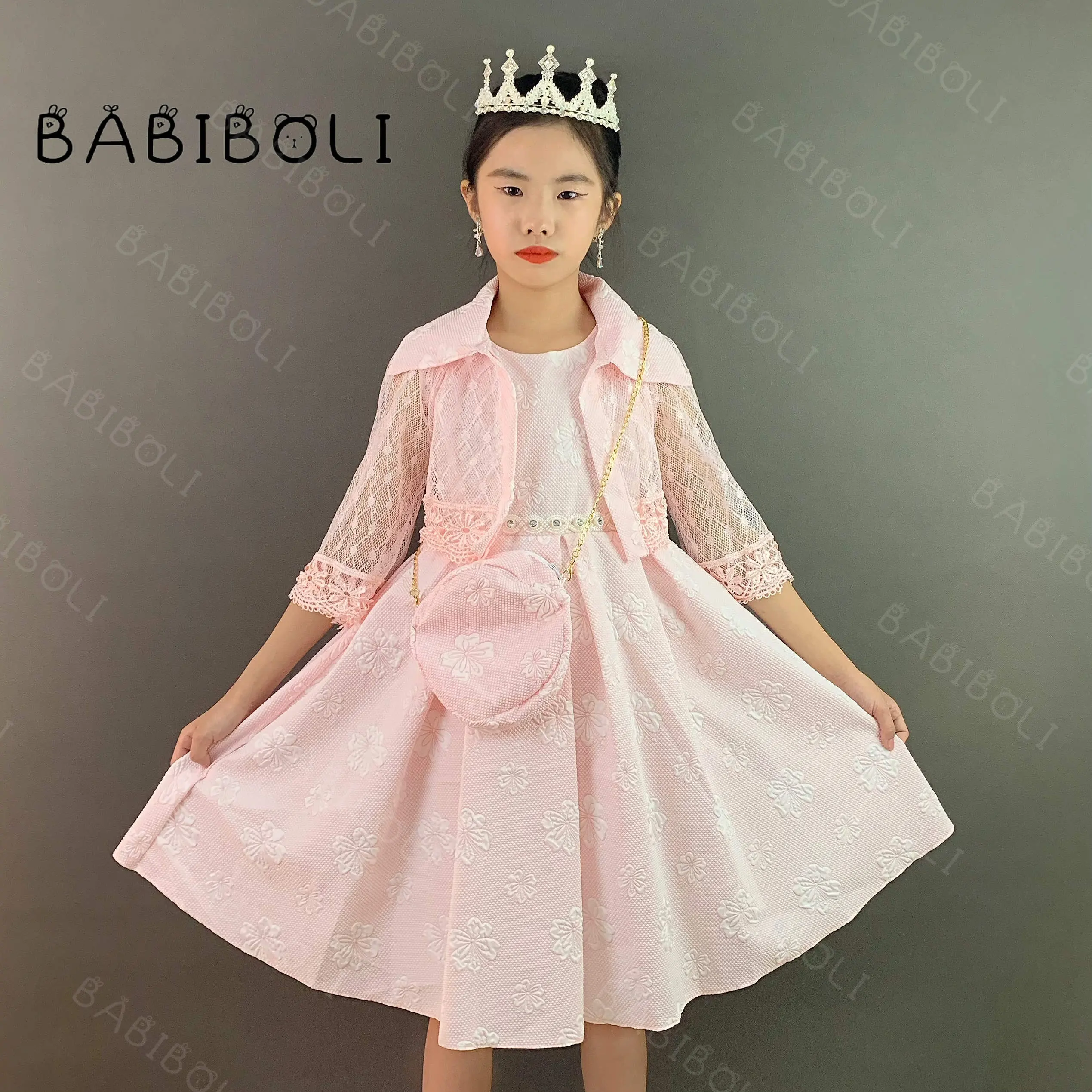 Babiboli elegante vestido de novia de niña de estilo rosa para niños fiesta de cumpleaños encaje con bolsa y chaqueta de encaje vestidos para niñas de manga larga